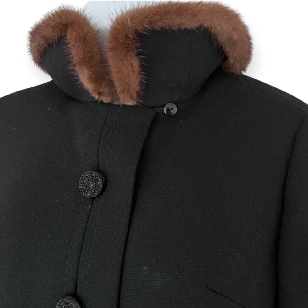 50s Delmod (W. Germany) Wool Overcoat, Genuine Ranch Mink/Collar Black A-Line, M - Picture 4 of 8